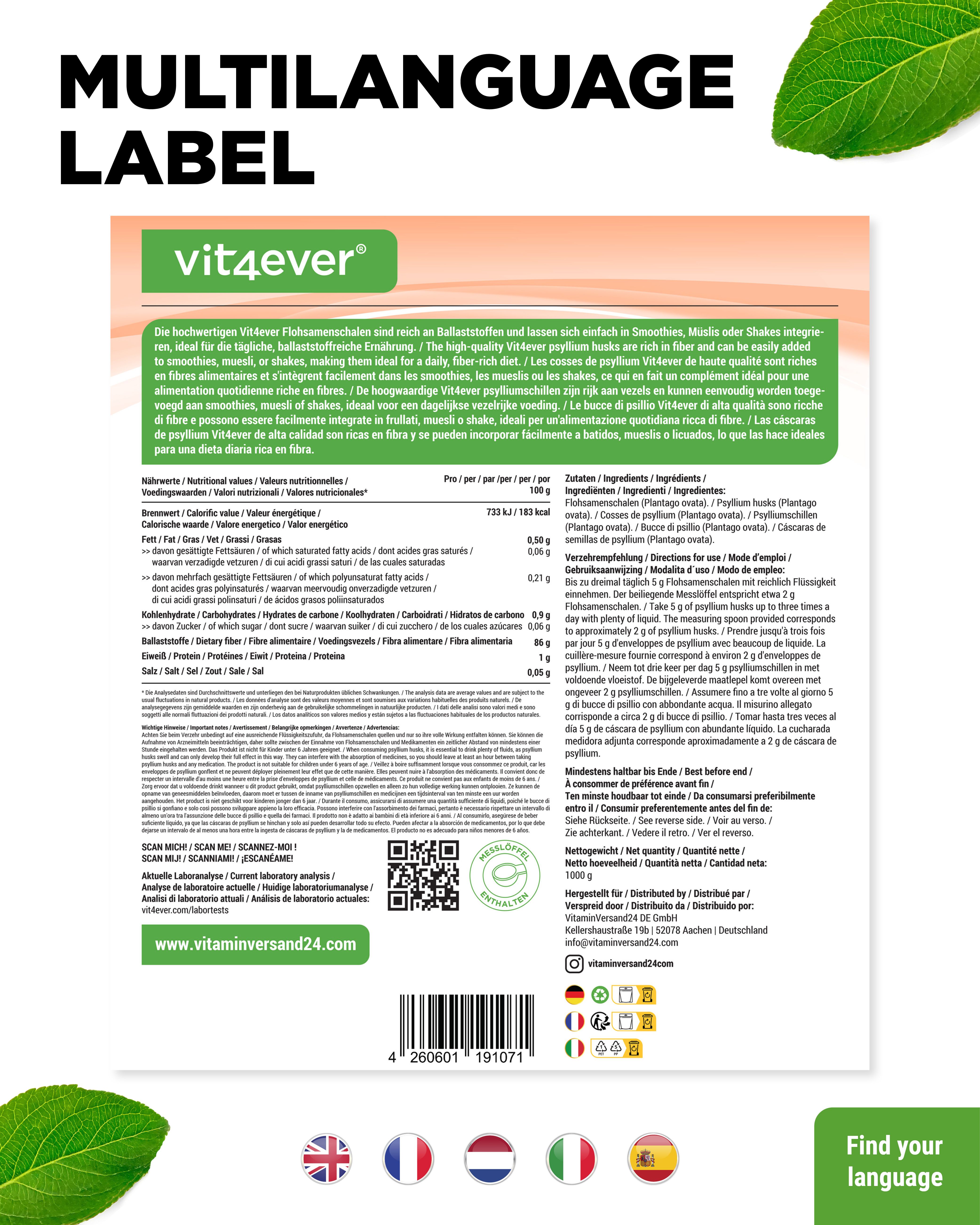 Rückseite der Verpackung mit mehrsprachigen Informationen. Aufschrift: vit4ever, Nährwertangaben, Zutaten, Gebrauchsanweisung. QR-Code und Logos.