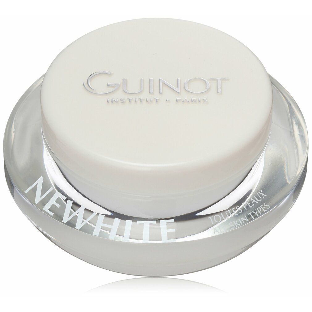 Creme-Glas mit weißem Deckel. Auf dem Deckel steht "GUINOT". Unter dem Deckel steht "NEWWHITE".