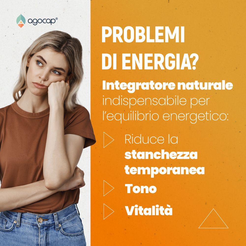 Frau mit nachdenklichem Gesichtsausdruck. Text: Probleme mit Energie? Natürliches Nahrungsergänzungsmittel. Reduziert Müdigkeit, Energie, Vitalität.