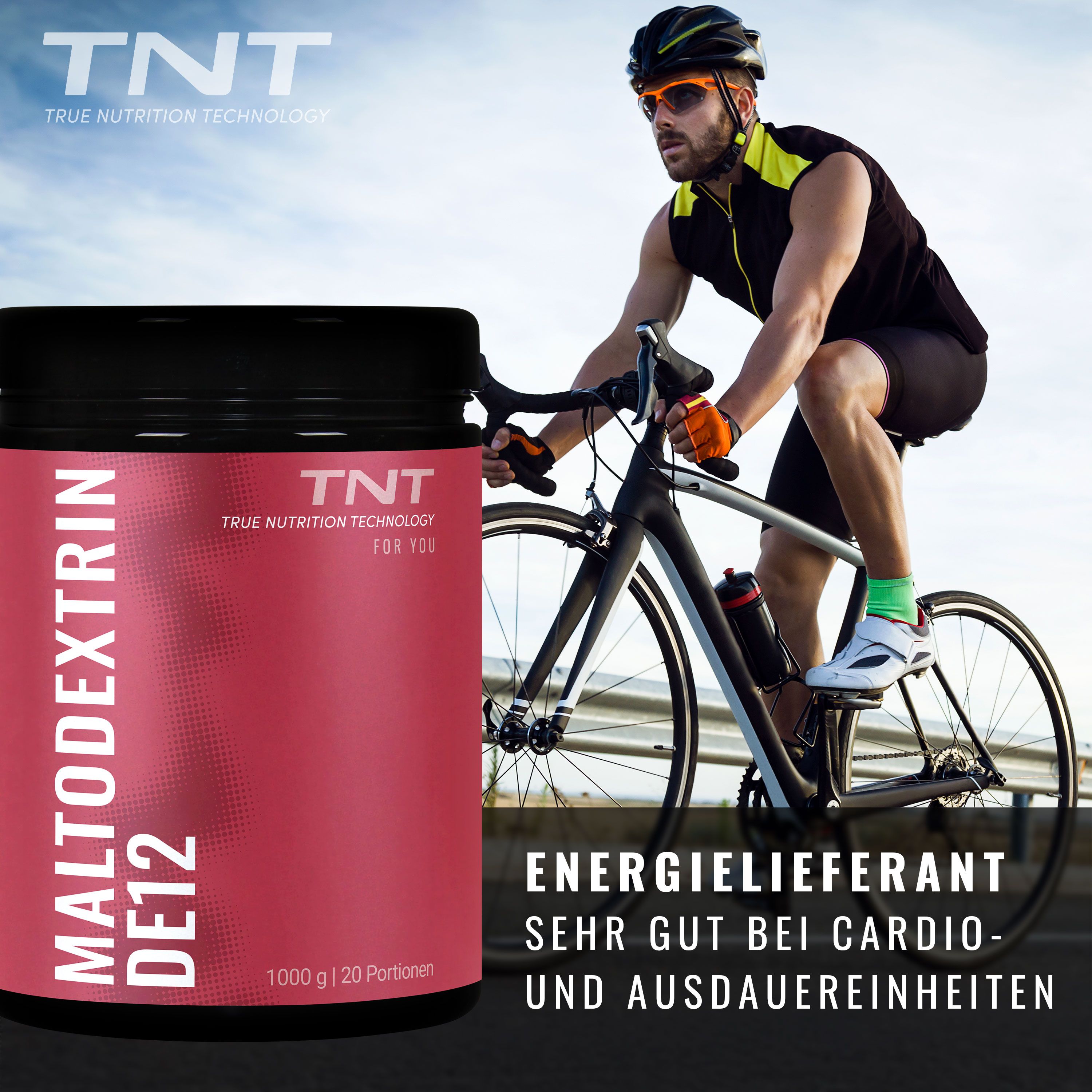 Mann auf Fahrrad neben Produkt. Aufschrift: Energie, sehr gut bei Cardio- und Ausdauereinheiten. Produkt: Maltodextrin DE12.