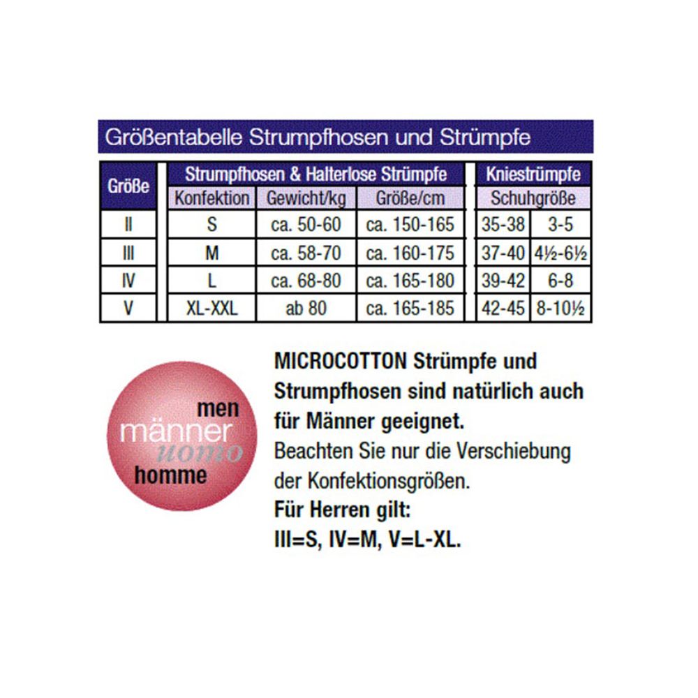Größentabelle für Strumpfhosen und Strümpfe. Text: MICROCOTTON Strümpfe sind auch für Männer geeignet.