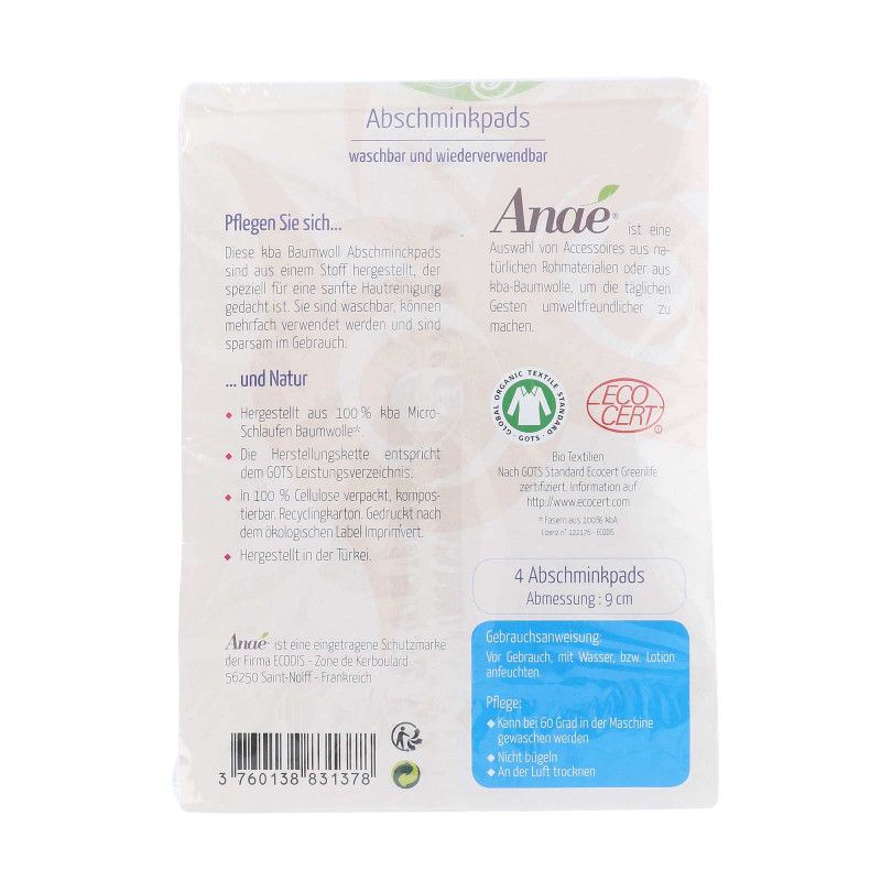 Rückseite der Verpackung mit Text und Logo. Text: Abschminkpads, waschbar und wiederverwendbar. Zertifizierungen und Größenangabe.