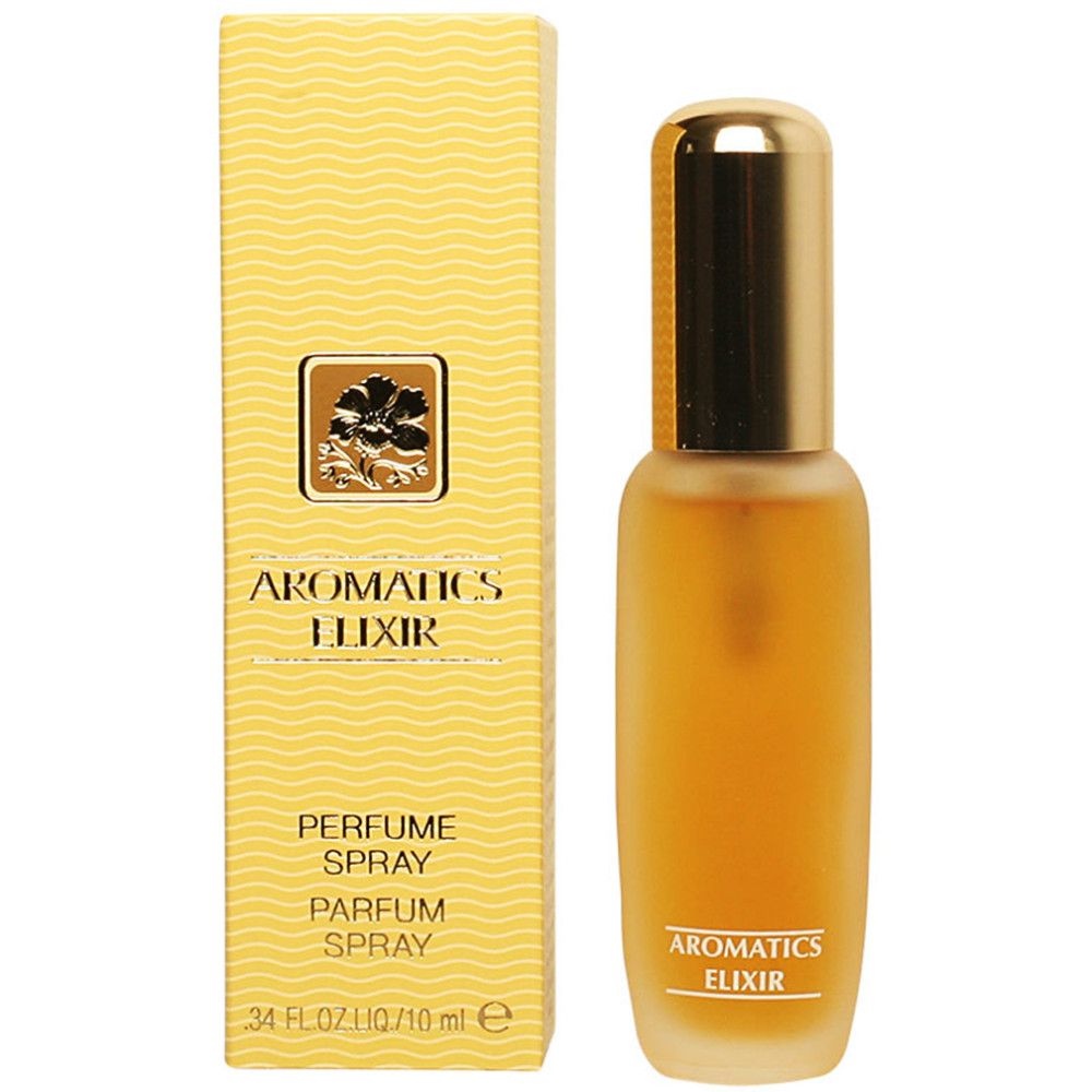 Clinique Aromatics Elixir Parfum Spray in Glasflasche mit goldenem Verschluss, neben der Verpackung.