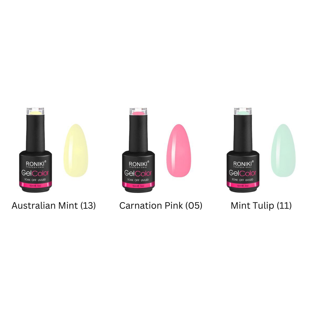 Drei Flaschen Nagellack in Gel-Formulierung: Australian Mint, Carnation Pink, Mint Tulip.