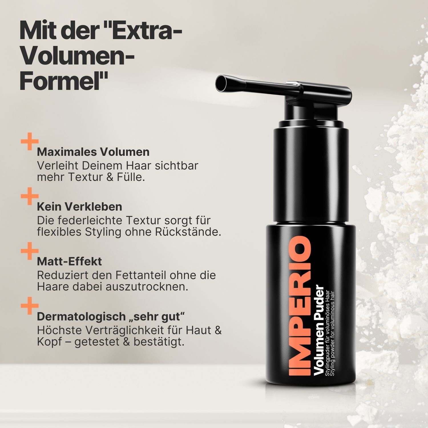 Schwarze Flasche mit Sprühkopf. Aufschrift IMPERIO® Volumen Puder. Text: Maximales Volumen, kein Verkleben, Matt-Effekt.