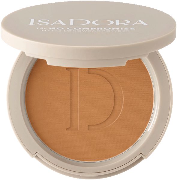 Geöffnete, runde Puderdose. Beige Deckel, braunes Puder. Aufschrift: IsaDora, The No Compromise Matte Longwear Powder.