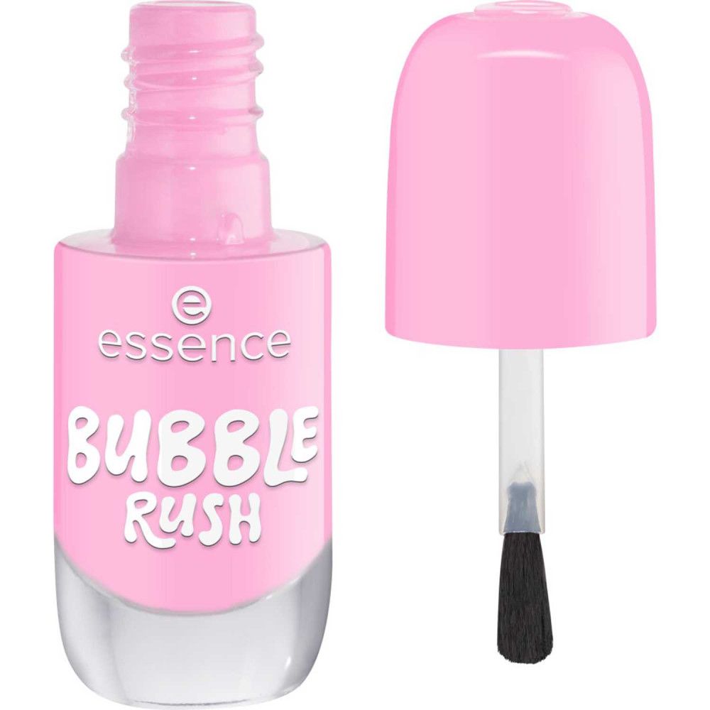 Rosa Nagellackflasche mit geöffnetem Deckel und Pinsel. Der Flascheninhalt ist rosa. Auf der Flasche steht "essence BUBBLE RUSH".