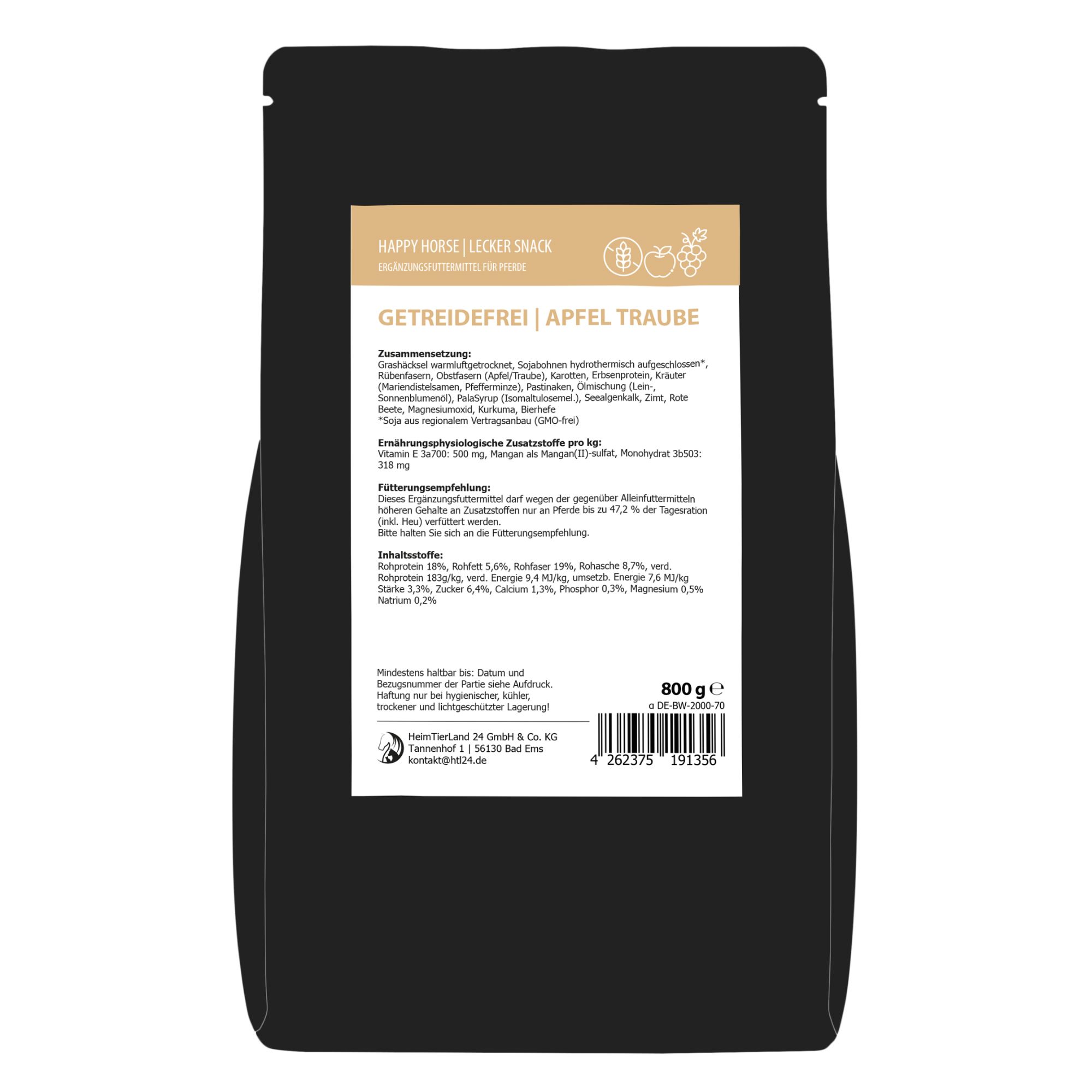 Schwarze Verpackung mit Produktinformationen. Aufdruck: Happy Horse, Getreidefrei Apfel Traube. Text mit Inhaltsstoffen und Nährwerten.