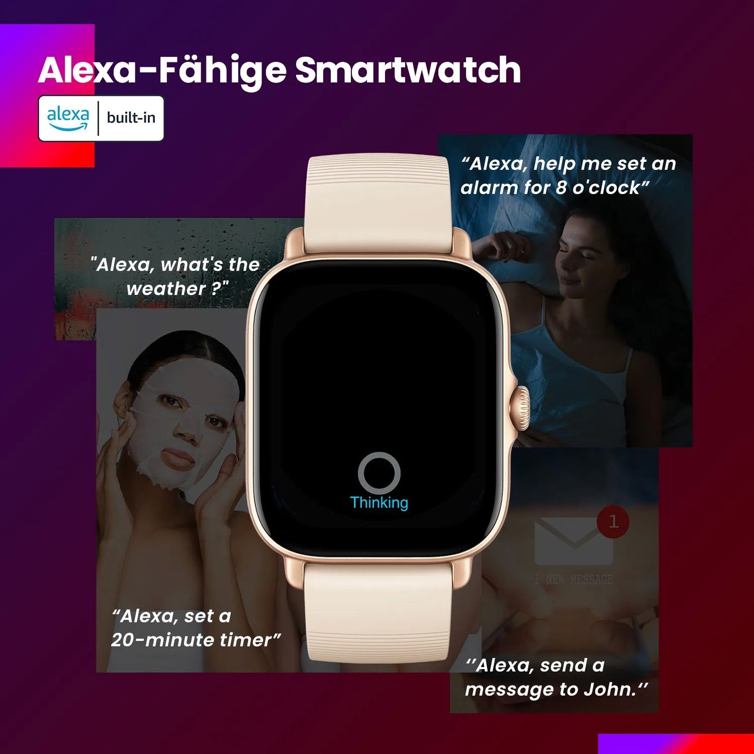 Smartwatch mit schwarzem Display. Text: Alexa-fähige Smartwatch. Alexa-Logo. Grafiken zeigen Sprachbefehle und Funktionen.