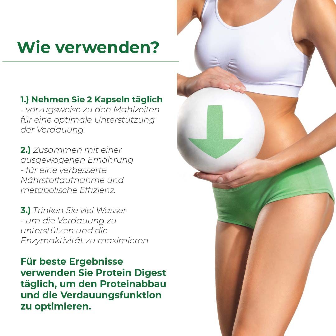 Frau hält Bauch. Text: Nehmen Sie 2 Kapseln täglich. Zusammen mit ausgewogener Ernährung. Trinken Sie viel Wasser.