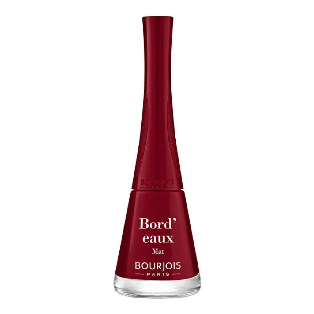 Bordeauxroter Nagellack in einer Flasche mit schwarzem Deckel. Aufschrift: Bord'eaux Mat, Bourjois Paris.