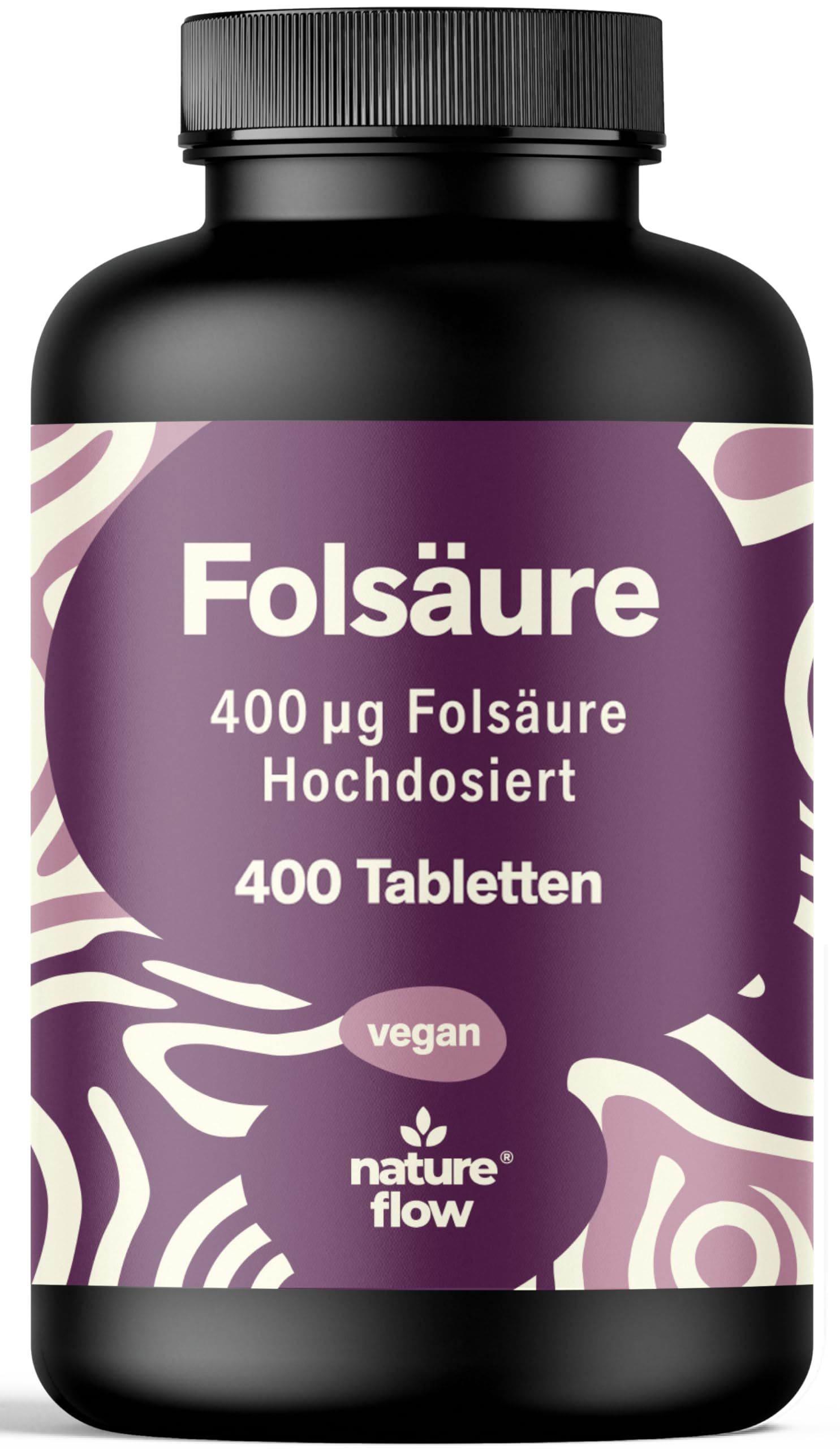 Flasche mit Folsäure-Tabletten. Aufschrift: Folsäure 400 µg, hochdosiert, 400 Tabletten. Vegan-Siegel. Marke: nature flow.