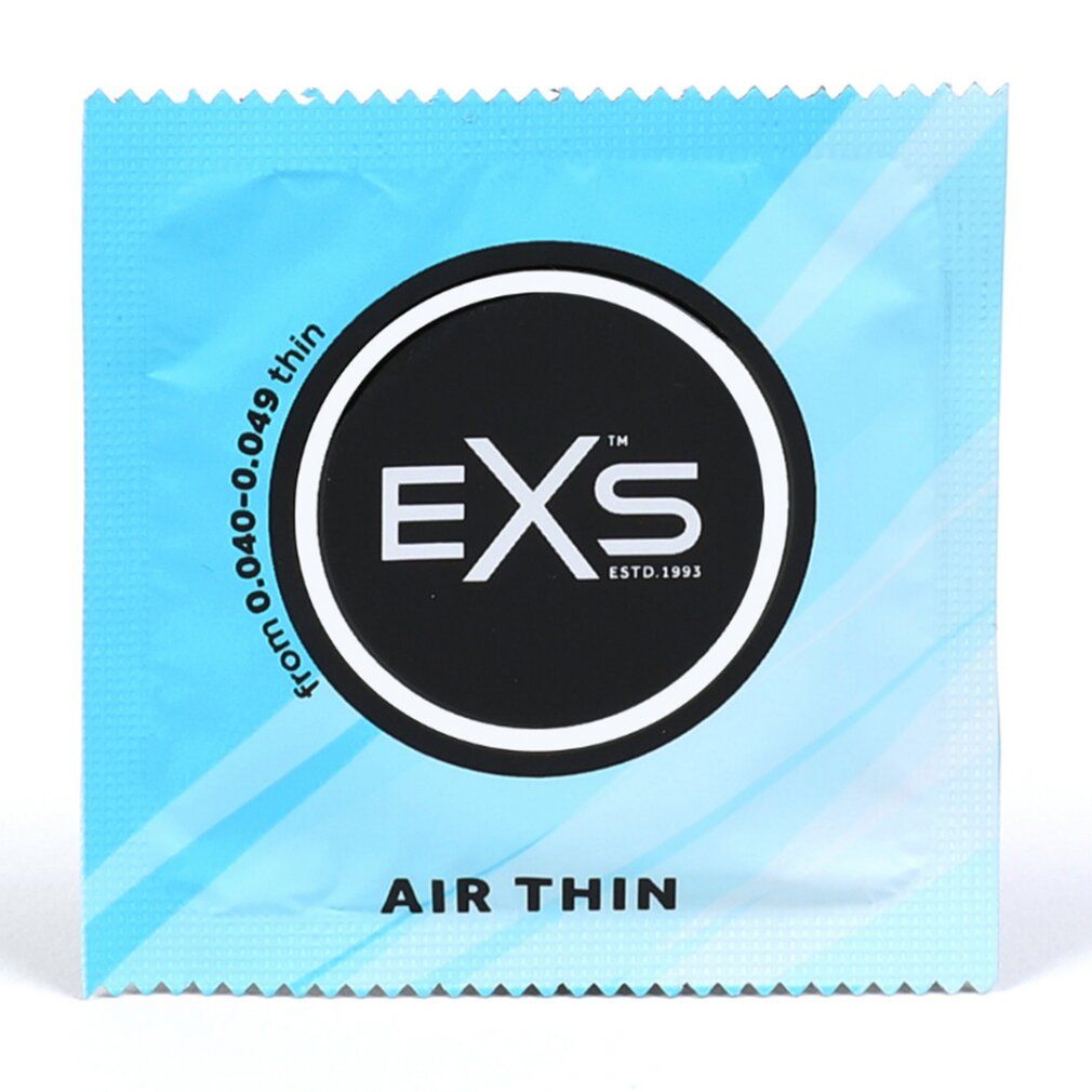 EXS Air Thin Kondomverpackung, hellblau mit Logo und Dicke 0.040-0.049mm.