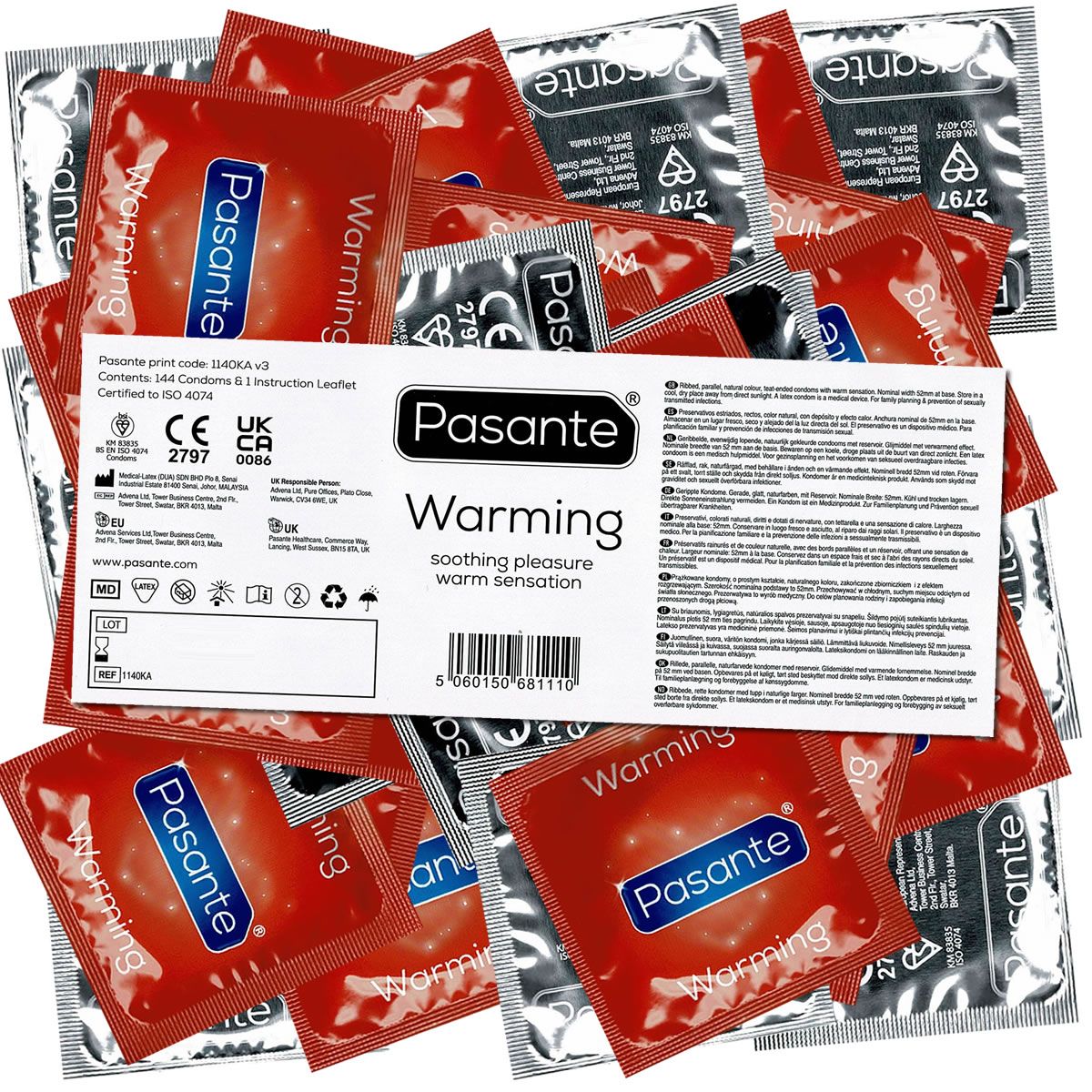Kondome Pasante Warming, verstreut. Produktinformationen und CE-Kennzeichnung sichtbar.