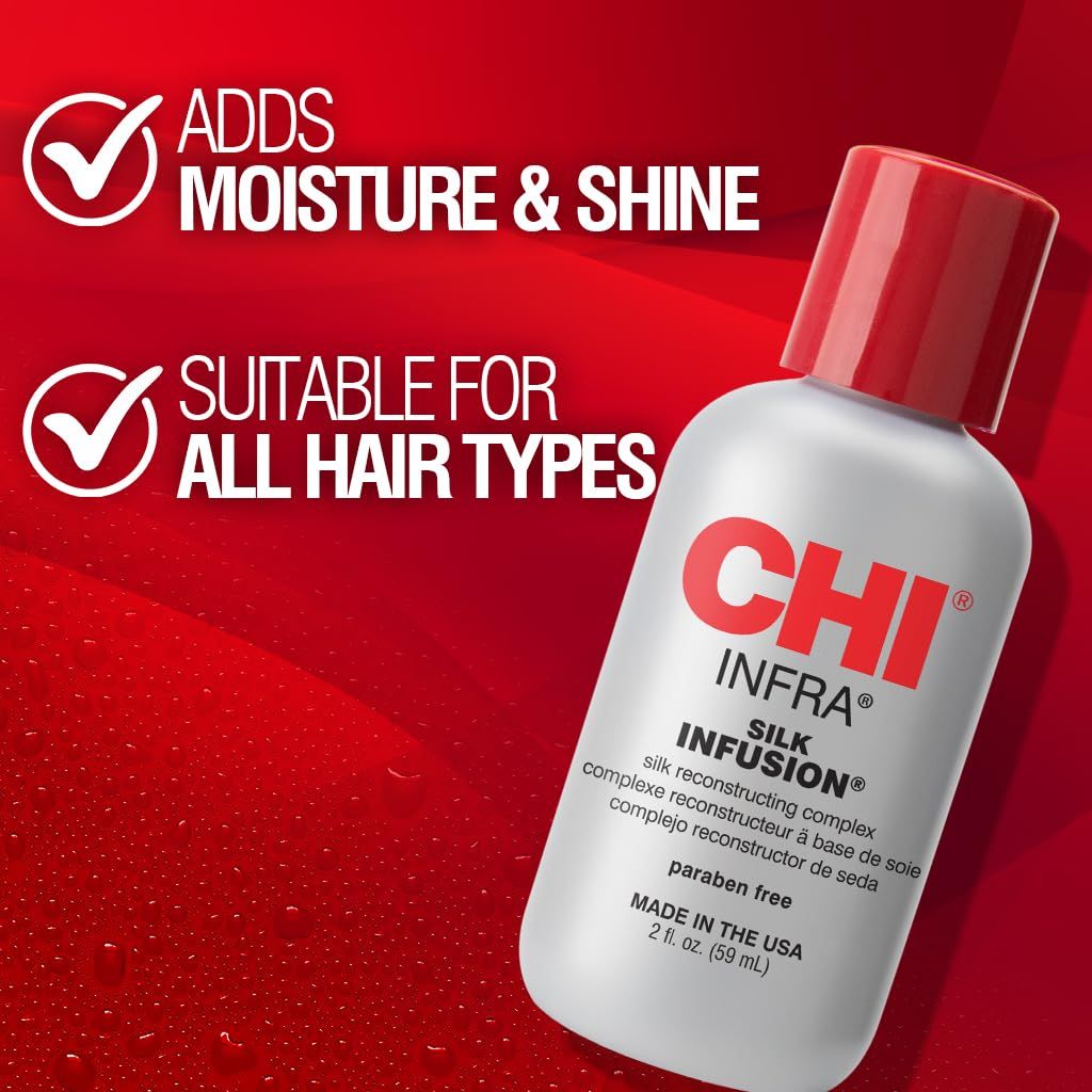 CHI Infra Silk Infusion Flasche mit Text: Adds Moisture & Shine, Suitable for All Hair Types.