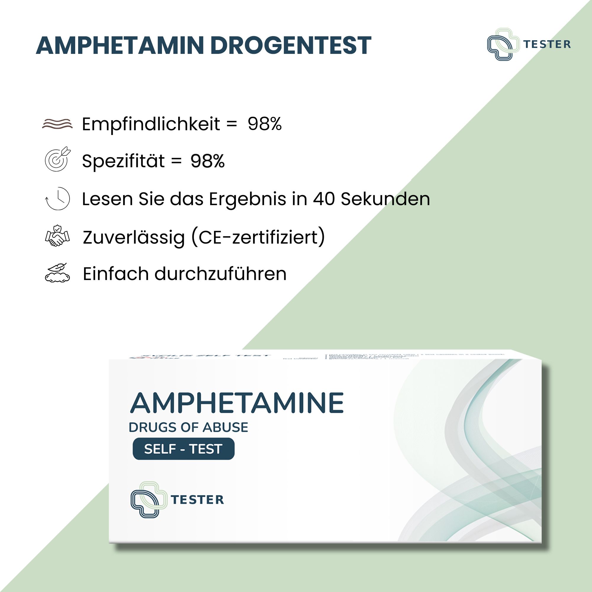 Drogentest-Verpackung. "Amphetamin Drogentest" und Text mit Symbolen und Prozentsätzen. CE-zertifiziert.