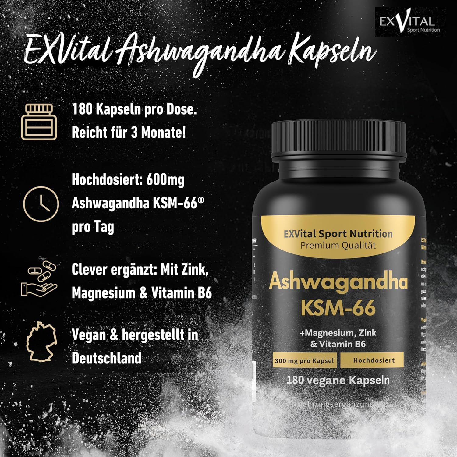 Schwarze Flasche mit gelbem Etikett. Ashwagandha KSM-66 Kapseln. 180 Kapseln. 600mg pro Tag. Mit Zink, Magnesium & Vitamin B6.