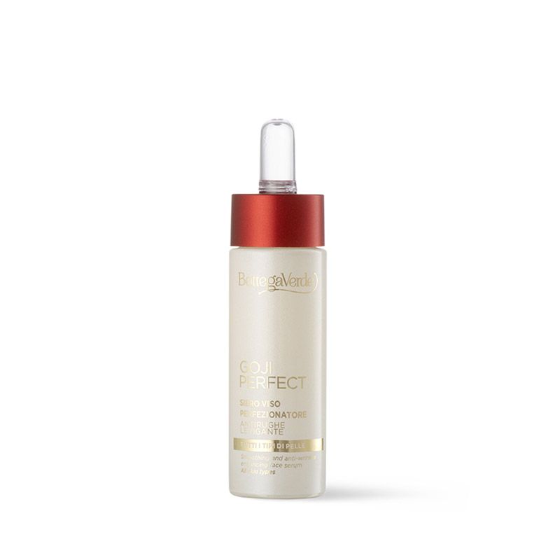 Siero viso Bottega Verde Goji Perfect. La bottiglia cilindrica è color crema con un tappo rosso. Un applicatore trasparente sporge dal tappo. Il nome del prodotto e altre informazioni sono visibili sulla bottiglia.