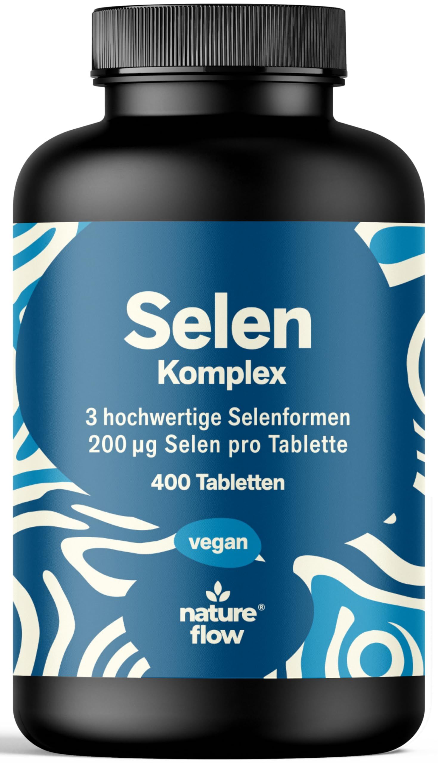 Schwarze Flasche mit blauem Etikett. Aufschrift: Selen Komplex, 200 µg Selen pro Tablette, 400 Tabletten. Vegan-Siegel. Nature Flow Logo.