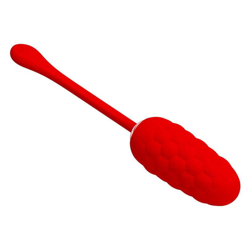 Rotes Massagegerät aus Silikon. Besteht aus einem länglichen Griff und einem strukturierten, eiförmigen Kopf.