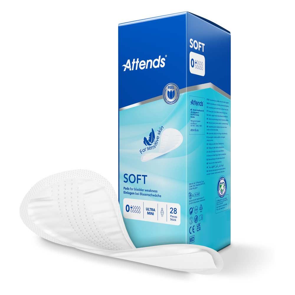 Attends Soft 0 Ultra Mini. Packung und einzelne Einlage. Blaue Verpackung mit Produktabbildung und Schriftzug. Für empfindliche Haut.