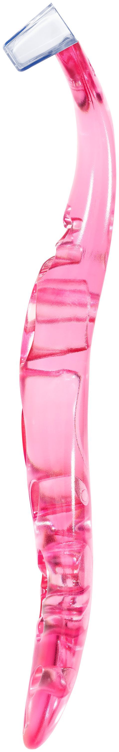 Pinker Rasierer mit transparentem Griff. Der Griff hat eine geschwungene Form.
