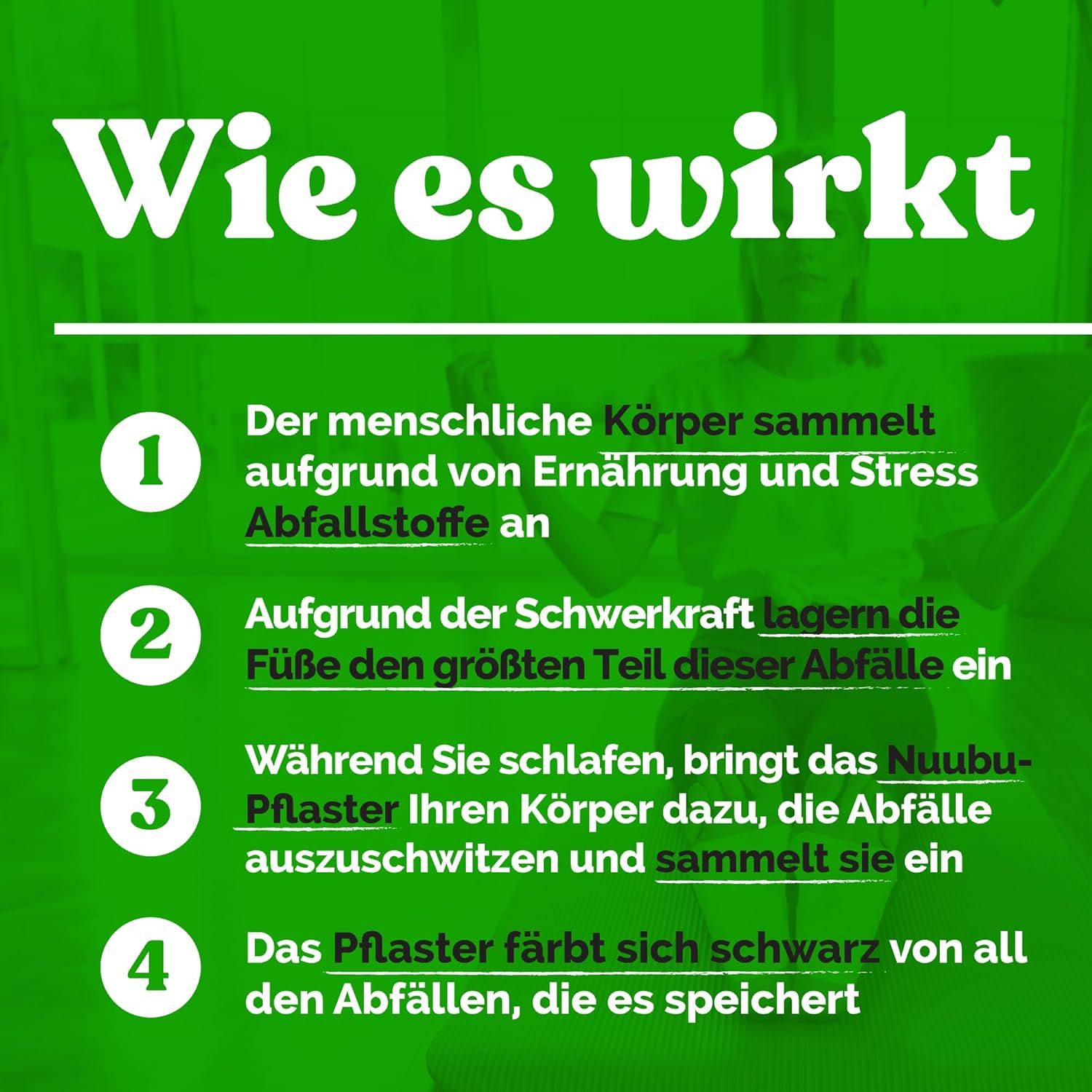 Infografik: 4 Schritte zur Anwendung. Text: Der Körper sammelt Abfallstoffe an, Füße lagern Abfälle ein, Pflaster absorbiert.