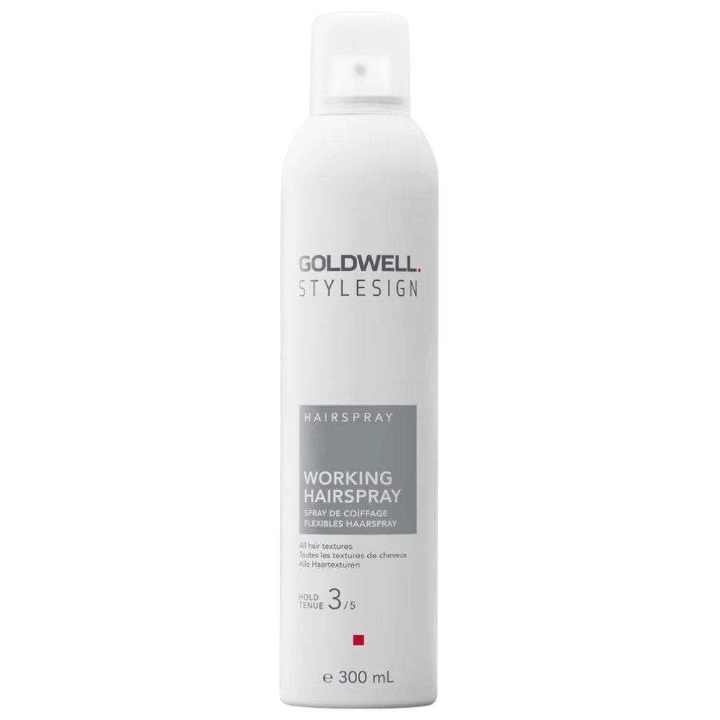 Goldwell StyleSign Working Hairspray Flasche. Weiß, mit Sprühkopf. Text: Hairspray, 3/5, 300 ml.
