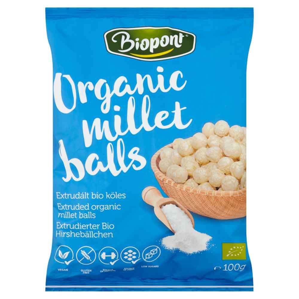 Blaue Verpackung mit "Biopont"-Logo und "Organic millet balls" Schriftzug. Abgebildet sind Hirsebällchen in einer Schale und ein Löffel.