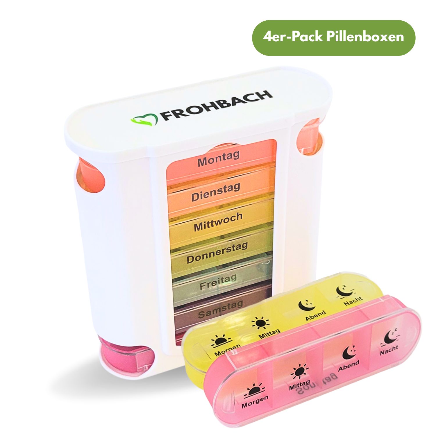 Weiße Frohbach Pillenbox mit 7 Fächern, 2 separate Boxen. Aufschrift: Frohbach, 4er-Pack Pillenboxen.