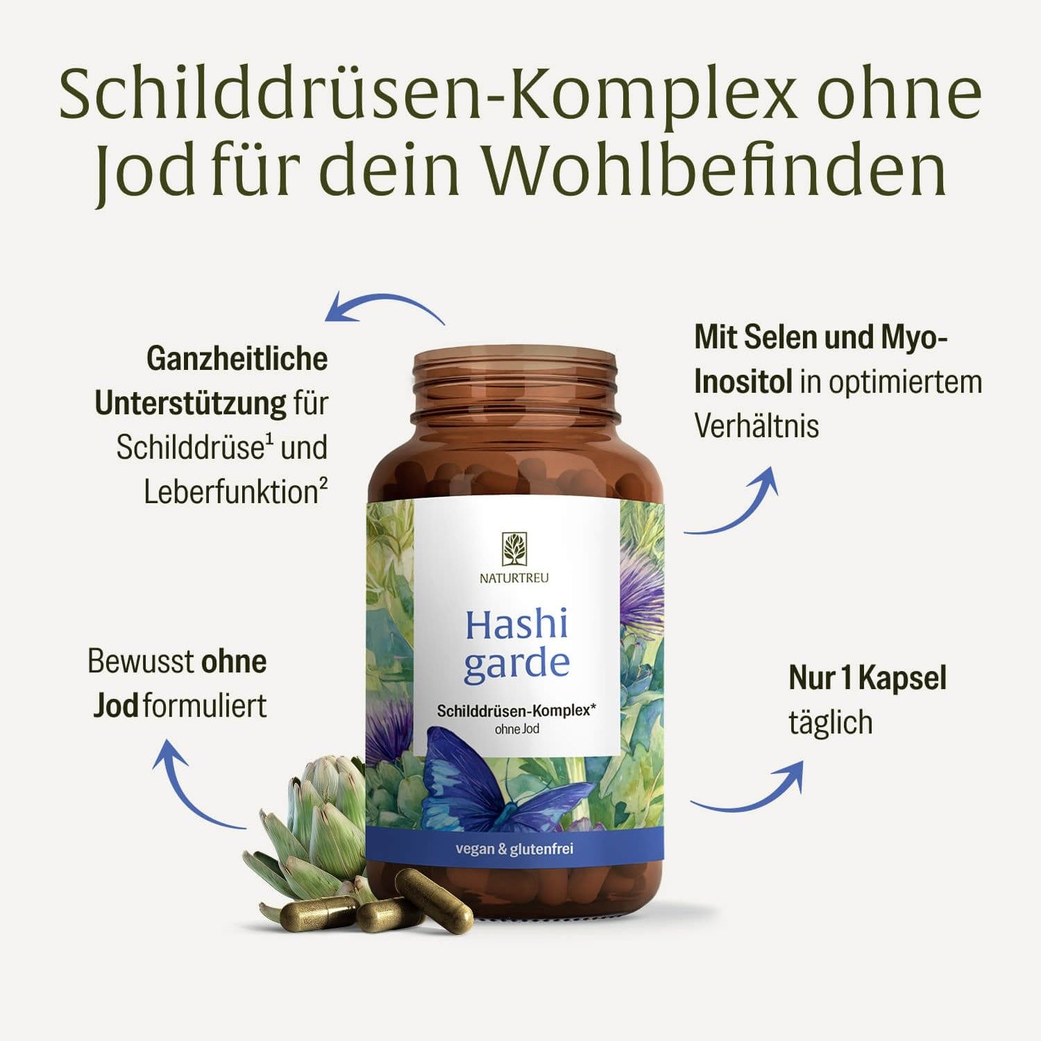 Braune Glasflasche mit Schilddrüsen-Komplex, ohne Jod. Enthält Kapseln und eine Artischocke.