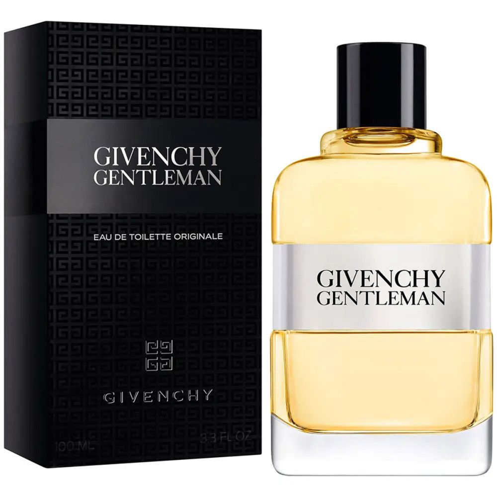 Givenchy Gentleman Eau de Toilette Flakon und Verpackung. Schwarze Verpackung, Flakon mit gelber Flüssigkeit, weißes Band mit Schriftzug.
