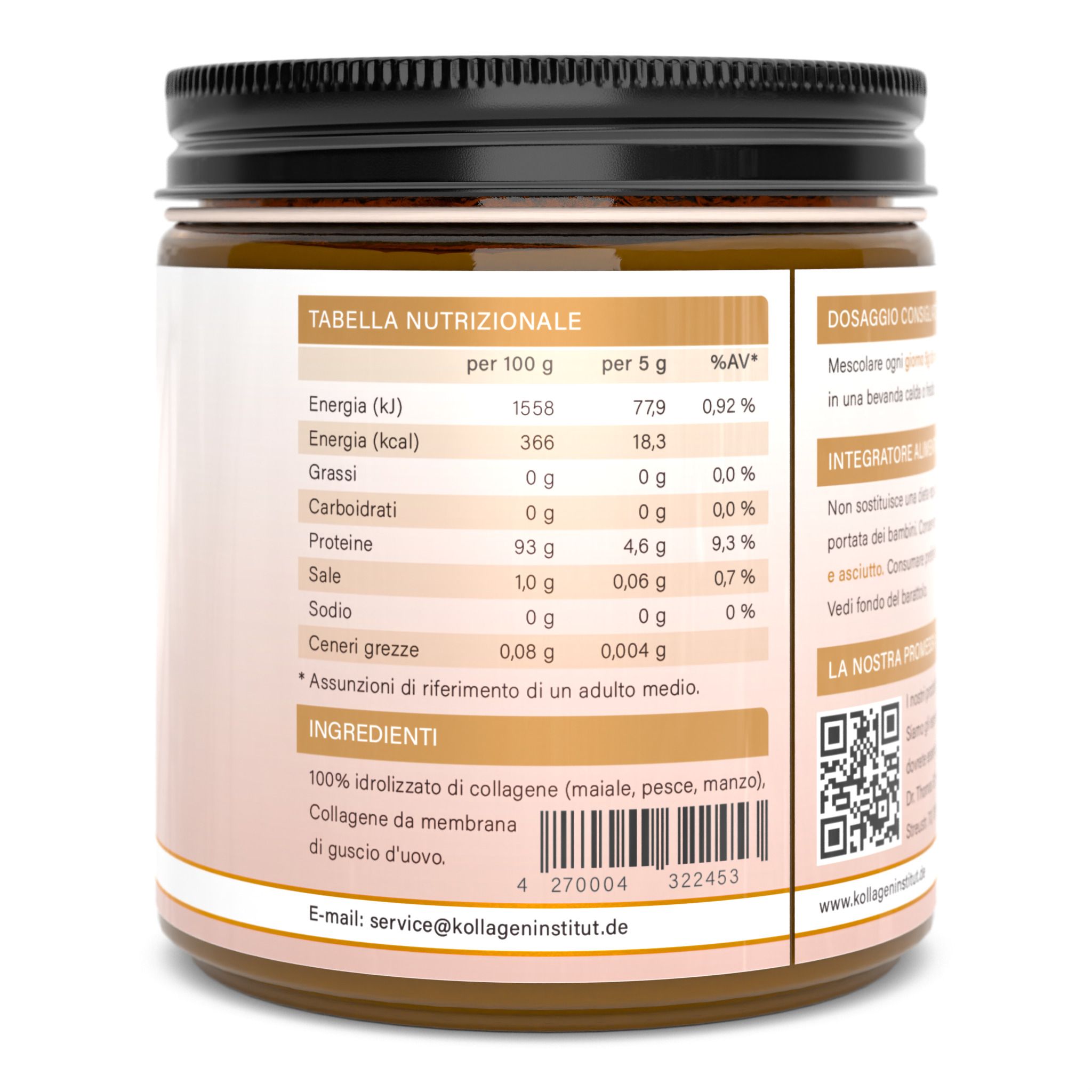 Retro del barattolo di Kollagen Institut Multiplo. Mostra le informazioni nutrizionali per 100g e 5g, l'elenco degli ingredienti, incluso il collagene idrolizzato, e le informazioni di contatto. Include una tabella dei valori nutrizionali.