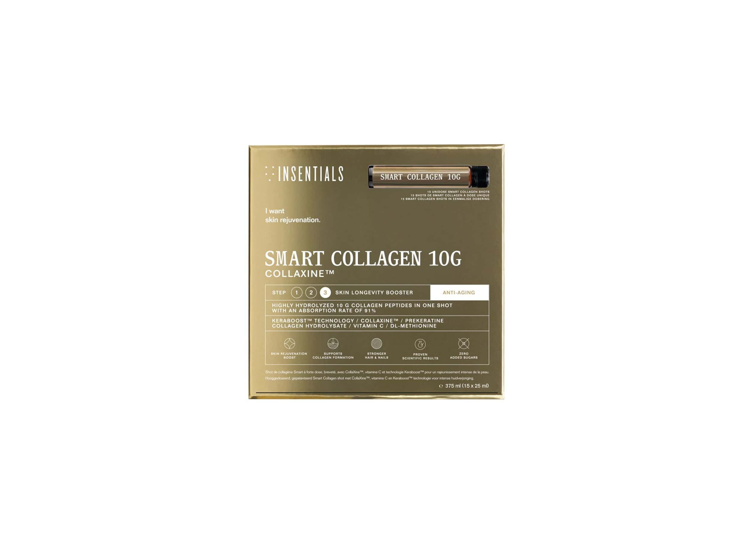Goldene Verpackung für Smart Collagen 10g, mit einer einzelnen Ampulle und Produktinformationen.