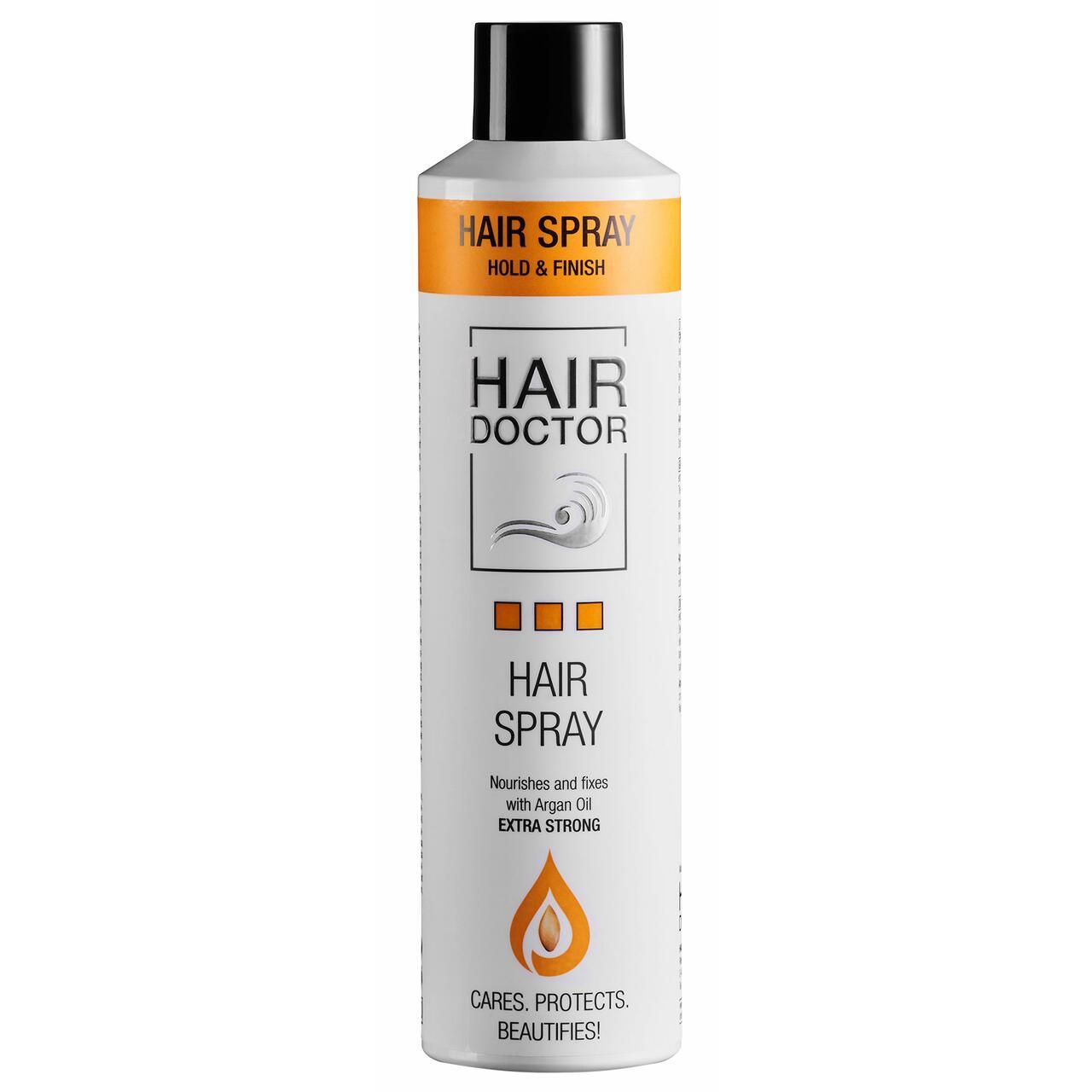 Haarspray-Flasche. Weiß, mit schwarzem Deckel. Orangefarbene und schwarze Schrift. Aufschrift: Hair Doctor, Hair Spray extra strong.