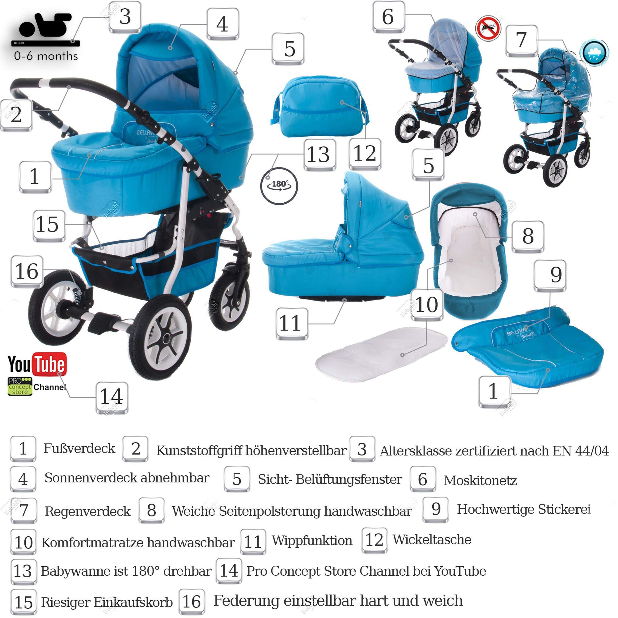Bebebi Bellami 3 in 1 Kinderwagen Set mit Original Maxi Cosi, Hartgummi Bellaqua