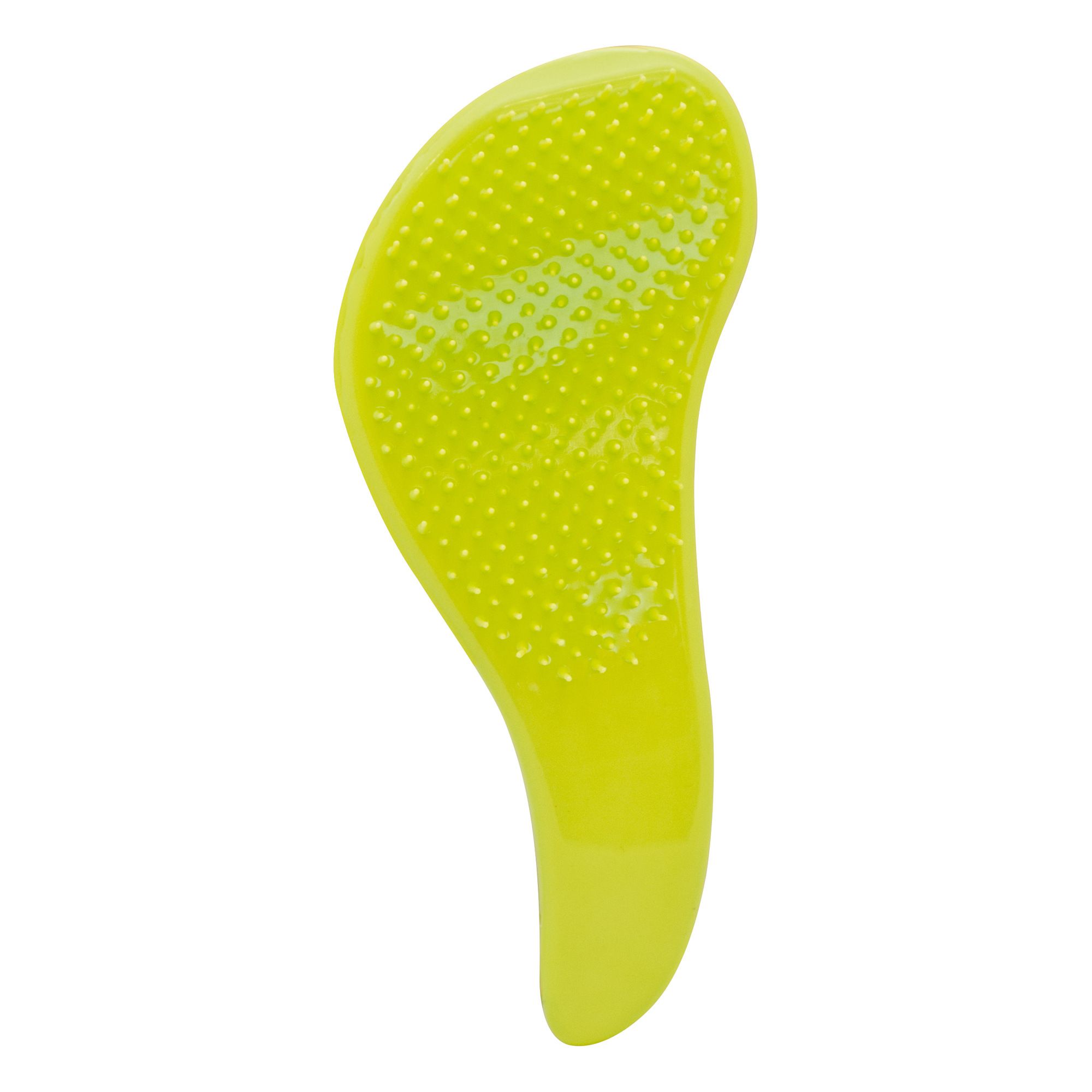 Gelbe Haarbürste. Ergonomische Form, mit Noppen. Glatte Oberfläche, abgerundete Form.
