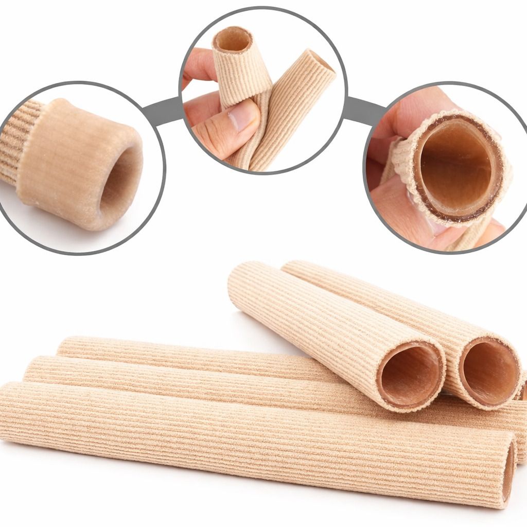 Mehrere beige Silikon-Gelröhrchen. Nahaufnahmen zeigen die Struktur und das Innere. Einige Röhrchen sind auf einer Oberfläche angeordnet.