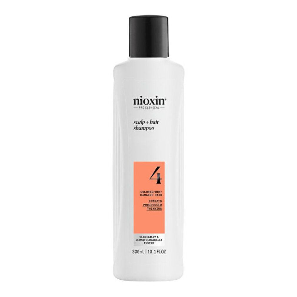Weiße Shampoo-Flasche mit schwarzem Deckel. Orangefarbenes Etikett mit der Nummer 4. Text: Gefärbtes und geschädigtes Haar.