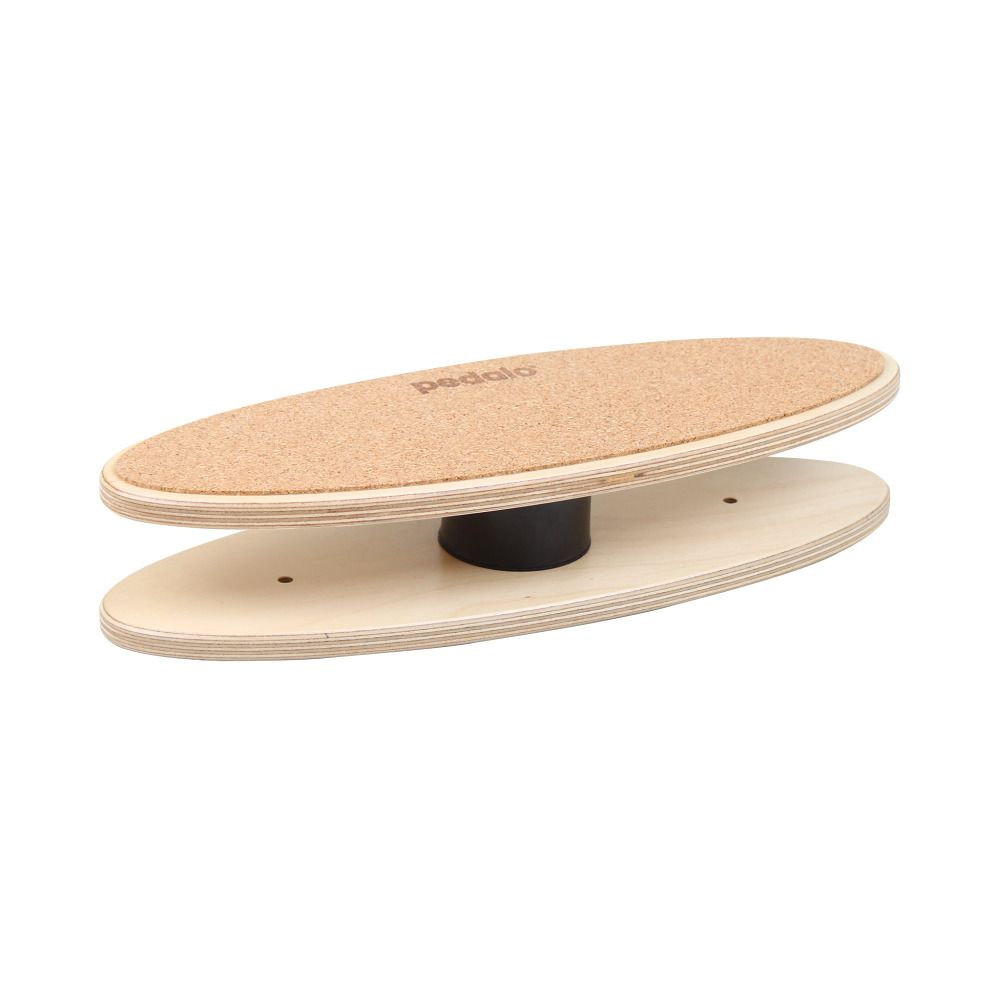Fußkreisel mit Korkauflage. Oval, Holz. Schwarzer Sockel. Marke Pedalo auf der Oberfläche.