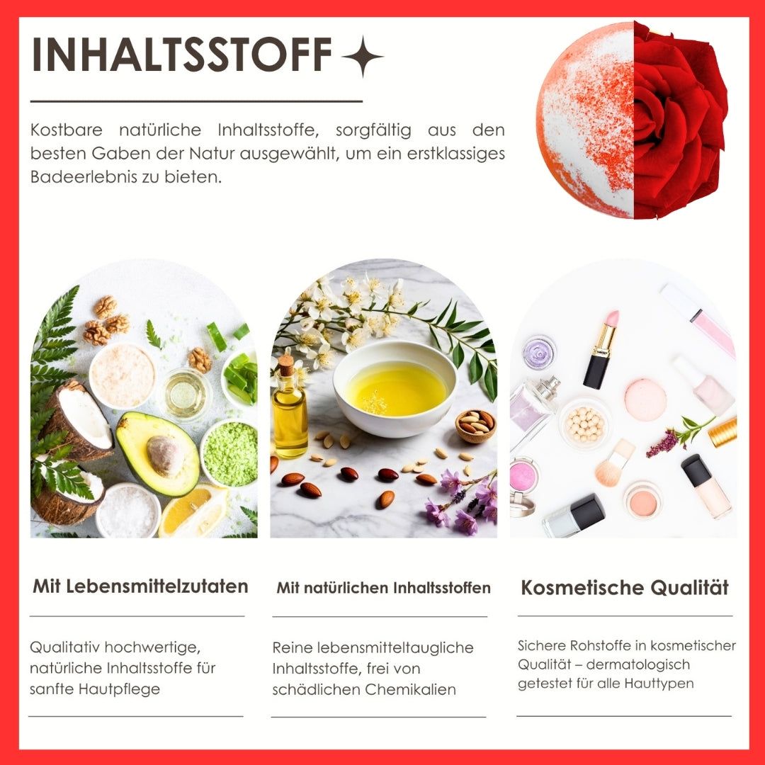 Inhaltsstoffe. Text: Mit Lebensmittelinhaltsstoffen, mit natürlichen Inhaltsstoffen, kosmetische Qualität.