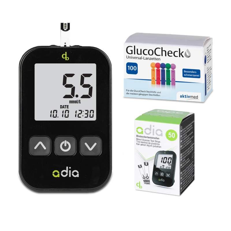 adia Blutzuckermessgerät-Set (mmol/L) mit 60 Teststreifen und 110 Lanzetten