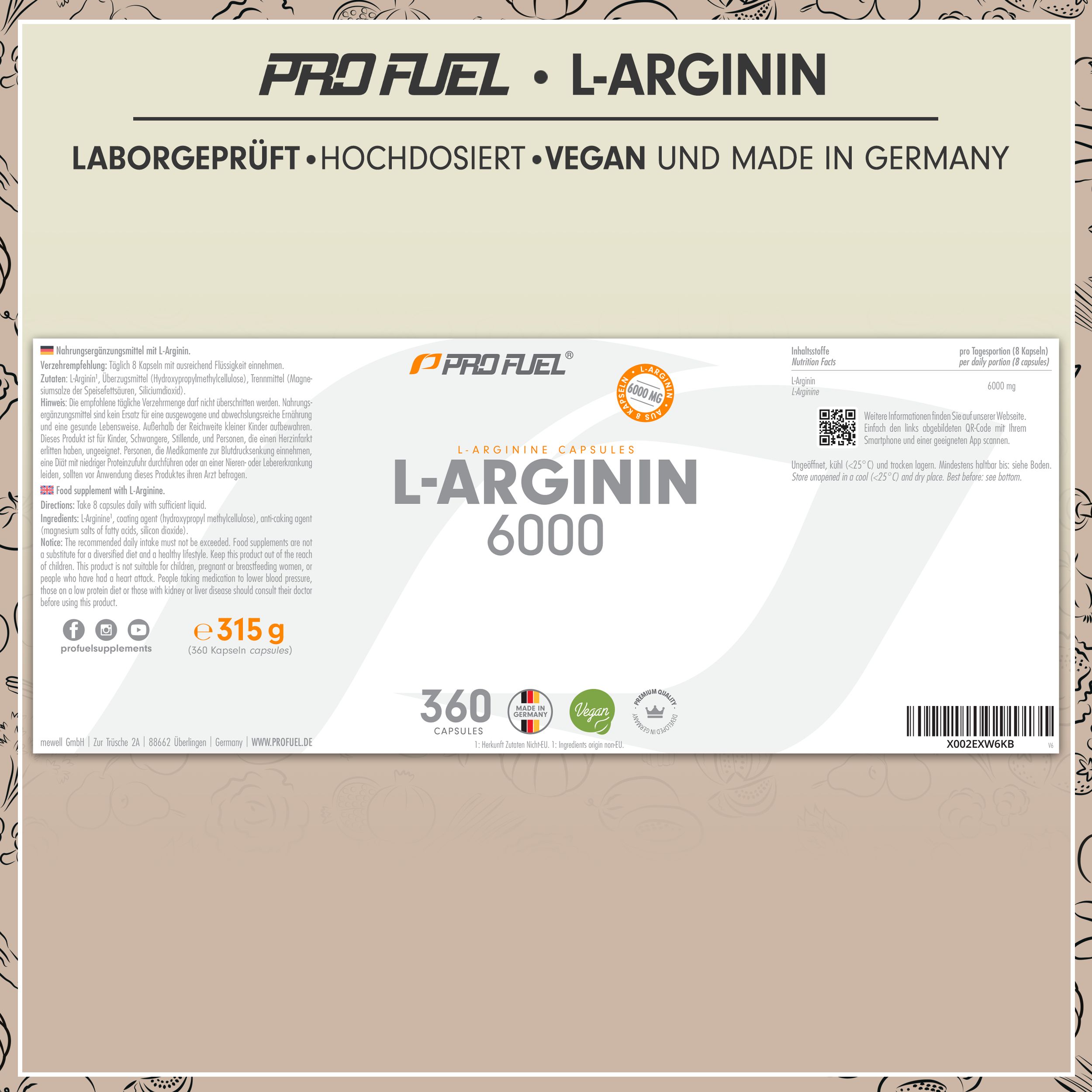 Etikett L-Arginin 6000 Kapseln. 360 Kapseln. Informationen zu Inhaltsstoffen und Dosierung. Vegan.
