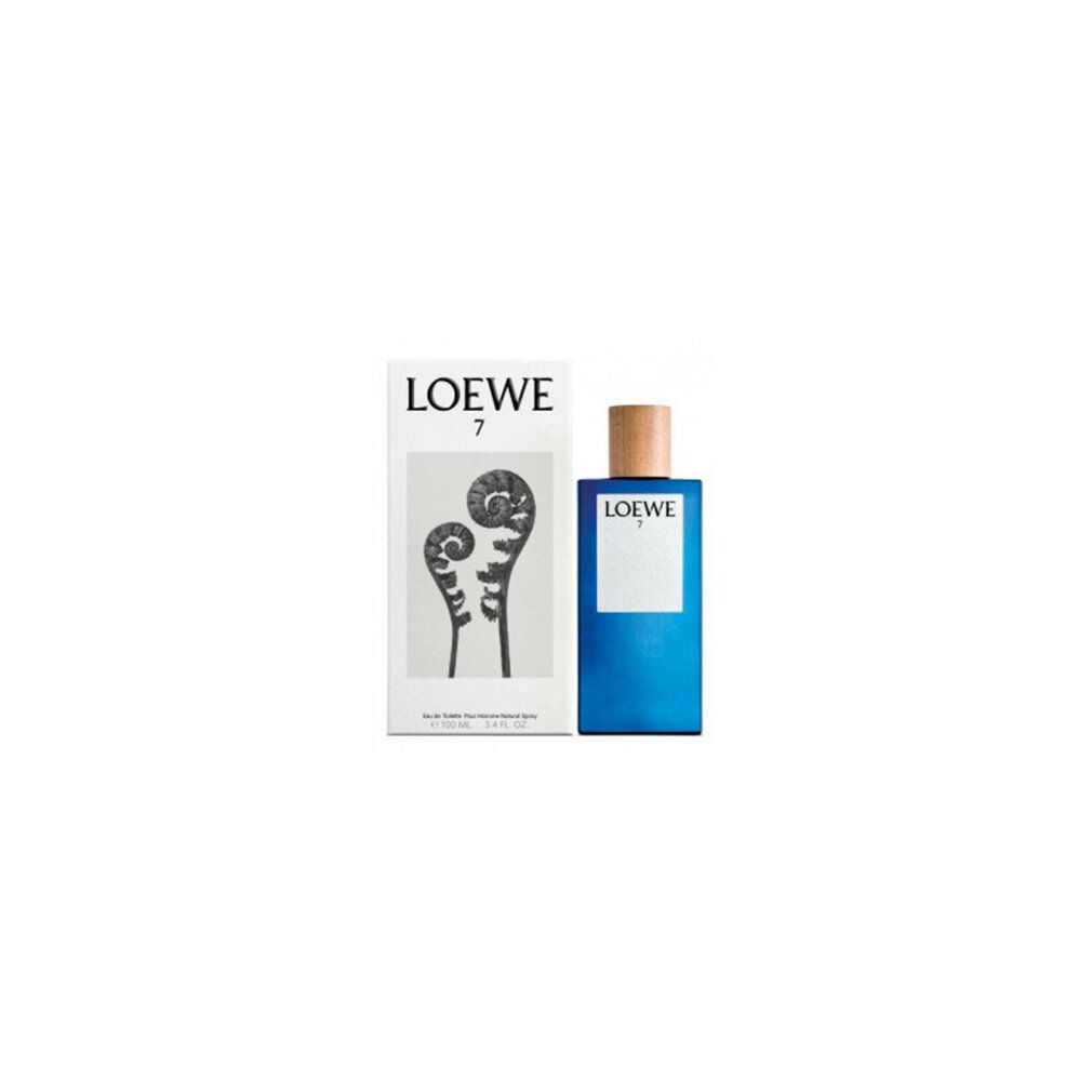Blaues Parfümflakon neben Verpackung. Verpackung mit "LOEWE 7" und Pflanzenmotiv. Flakon mit Holzdeckel.