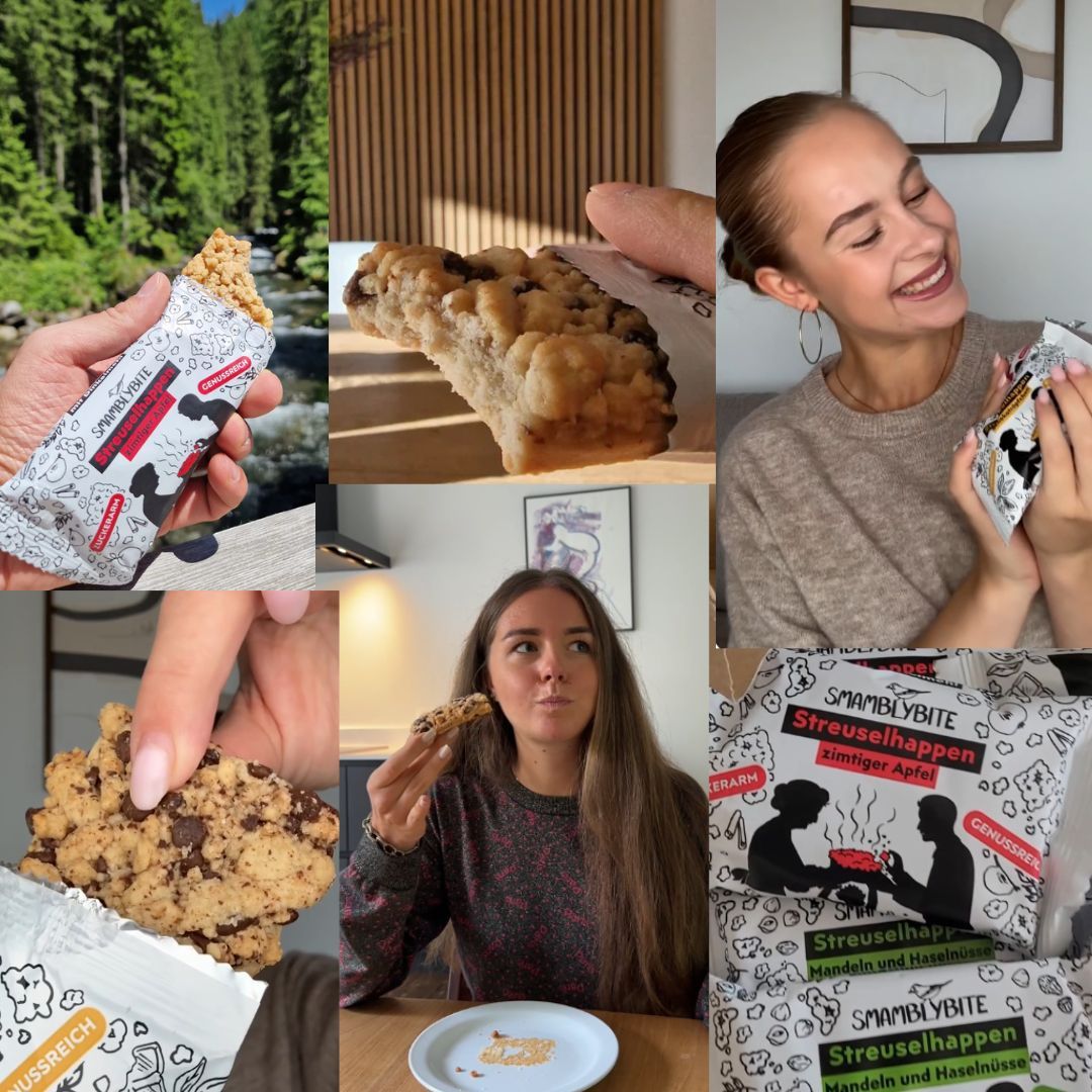 Verschiedene Szenen mit Streuselhappen. Personen essen, halten und zeigen die Produkte. Verpackungen sind sichtbar.