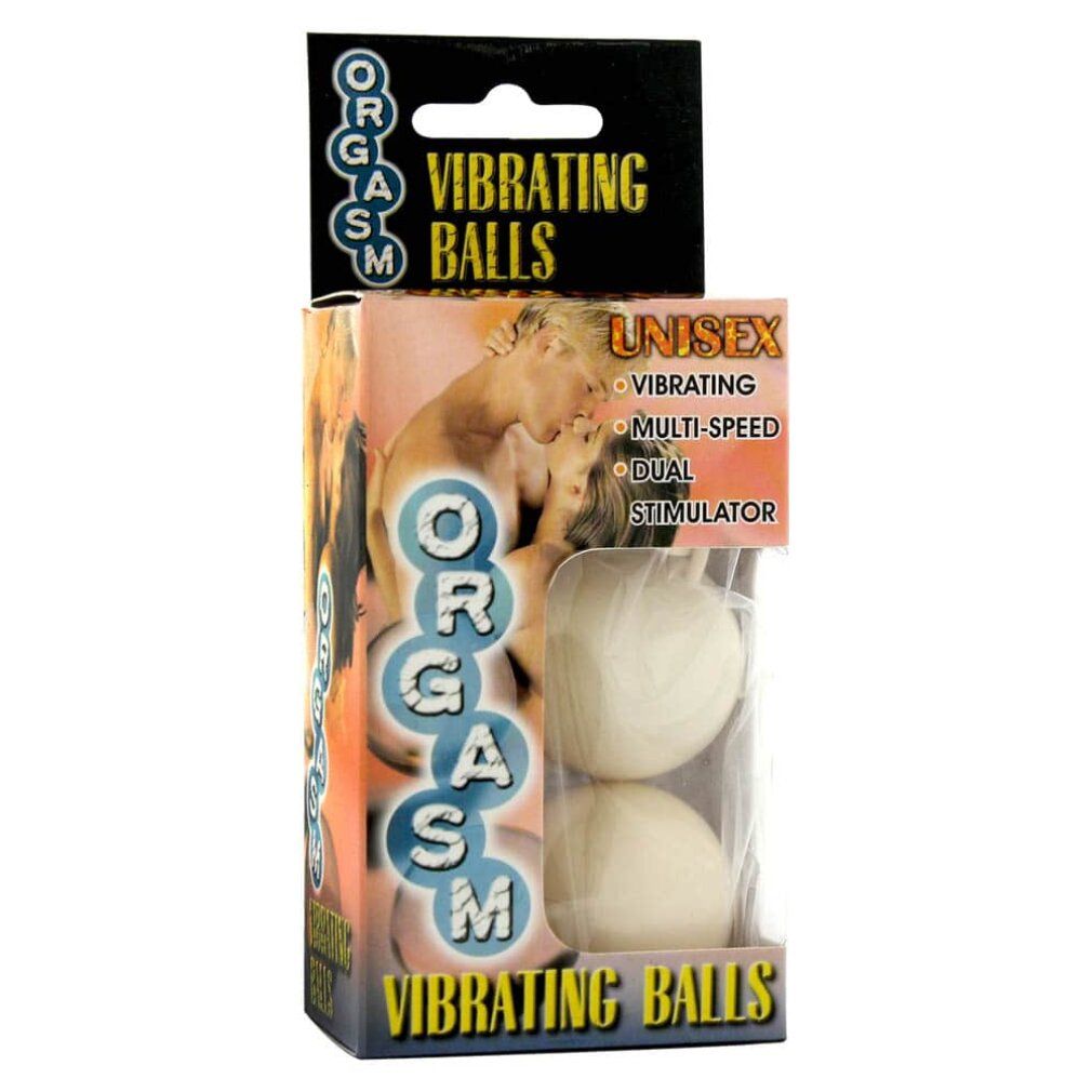 Verpackung mit zwei Vibrationskugeln. Aufschrift "Vibrating Balls". Kugeln in der Verpackung sichtbar. Unisex-Produkt.