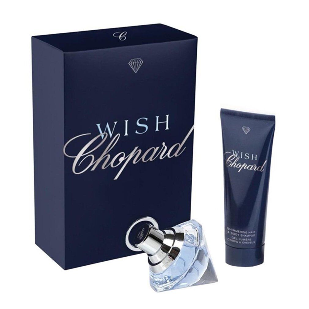 Geschenkset mit Parfumflakon, Duschgel und Schachtel. Blaue Verpackung mit Schriftzug "Wish Chopard".