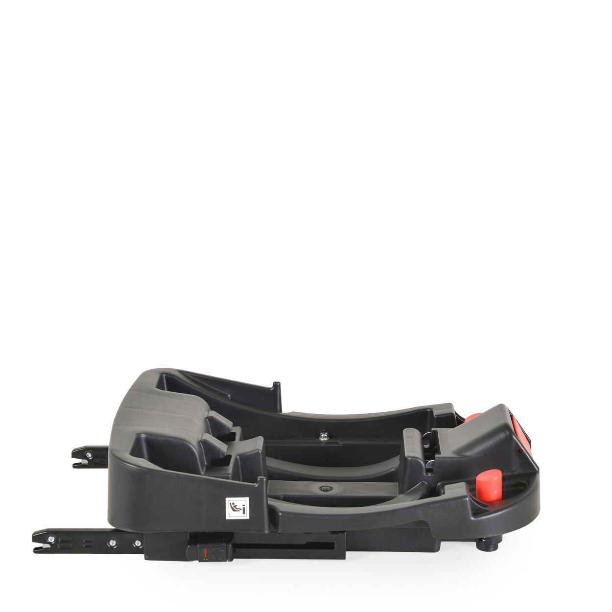 Schwarze Baby-Autositz-Basis aus Kunststoff mit roten Verriegelungshebeln und ISOFIX-Anschlüssen.