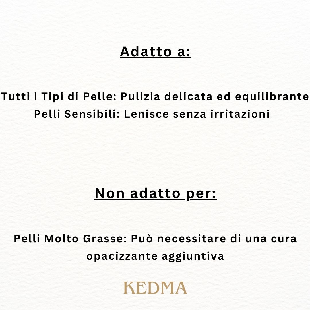 Testo su sfondo color crema. Adatto a: Tutti i tipi di pelle, pelli sensibili. Non adatto per: Pelli molto grasse. Logo Kedma.