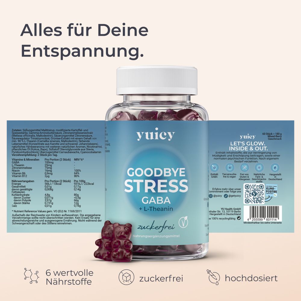 Dose mit Gummibärchen. Text: Alles für Deine Entspannung. 6 wertvolle Nährstoffe, zuckerfrei, hochdosiert.
